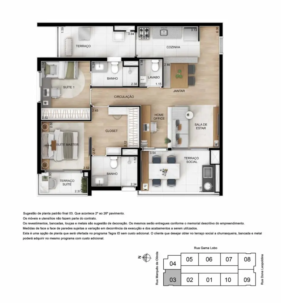 Planta Opção De 81 M² Com 2 Suítes E Sala Ampliada Do Ypy Alto Do Ipiranga, Material Da Tegra